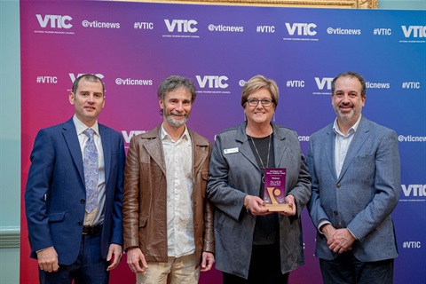 From left: VTIC Chair Matt McDonald, Port Campbell Visitor Information Centre Coordinator Mark Cuthell, Corangamite Shire Mayor Ruth Gstrein and Tourism Minister Martin Pakula