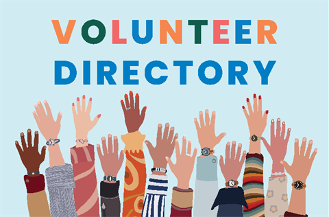 At the bottom half of the image 12 block colour art hands of various skin colours are raised. Text at top reads: Volunteer Directory.