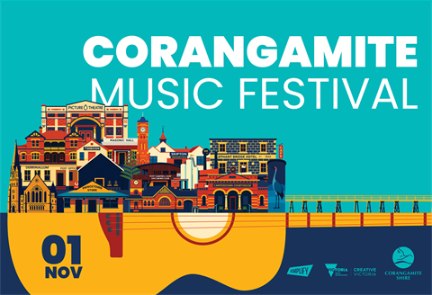 A promotional image for the Corangamite Music Festival, witha stylised guitar, images of buildings from across Corangamite, the date 1 November, and the logos of Amplify, the Victorian Government, 10,000 Gigs and Corangamite Shire Council