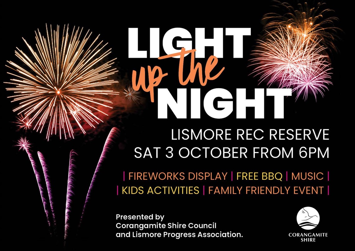 Promotional poster for Light Up the Night at Lismore Recreation Reserve on Saturday 3 October from 6pm, featuring colourful fireworks against a night sky and event details including free barbecue, music, kids' activities and family-friendly entertainment.