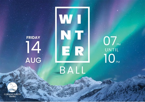 Winter Ball event cover featuring snow-capped mountains beneath green and purple aurora lights in a starry night sky. Text reads: Winter Ball, Friday 14 Aug, 7pm until 10pm, with Corangamite Shire logo.