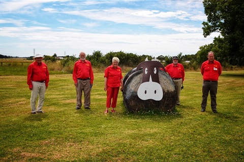ROTARY DAIRY: Camperdown Rotarians Bruce Mitchell, Graeme Fischer, Pat Robertson, Ric Robertson and Peter James with one of the cows they created at the entrances to Camperdown.